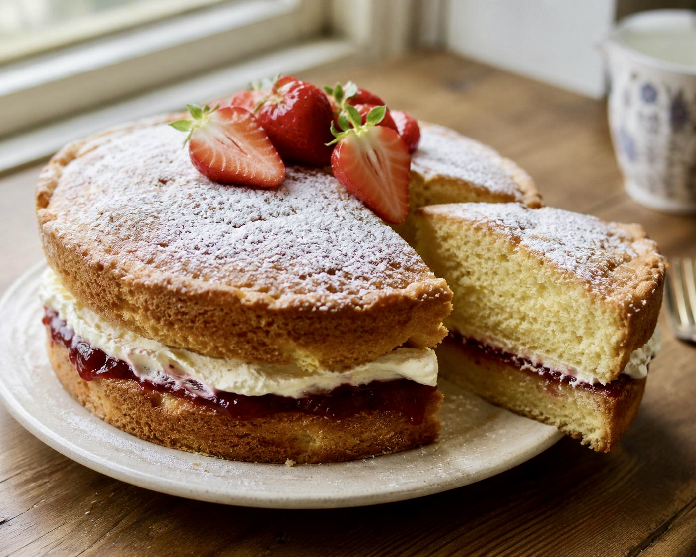 Rustic homemade Victoria sponge cake with raspberry jam and whipped cream filling, dusted with icing sugar and topped with fresh strawberries, one slice cut on a ceramic plate in natural window light