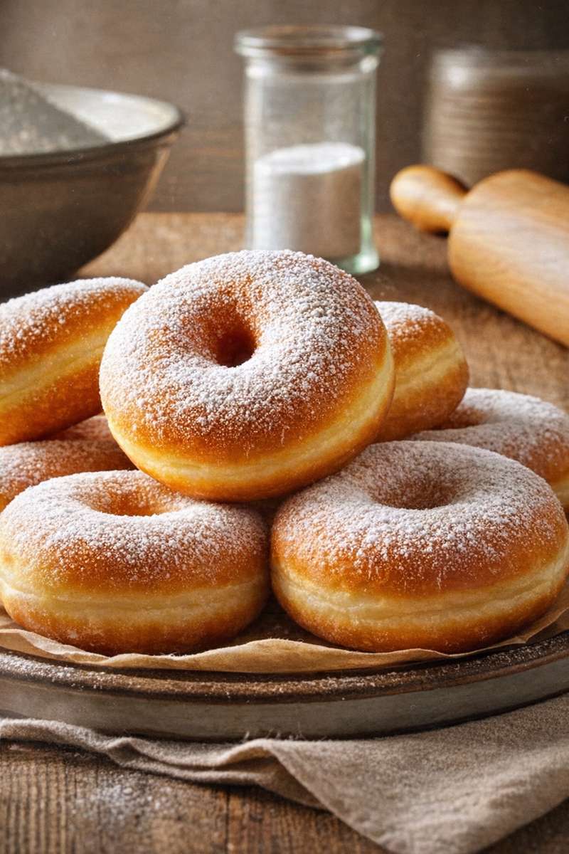 homemade sugar-dusted doughnuts on rustic tray