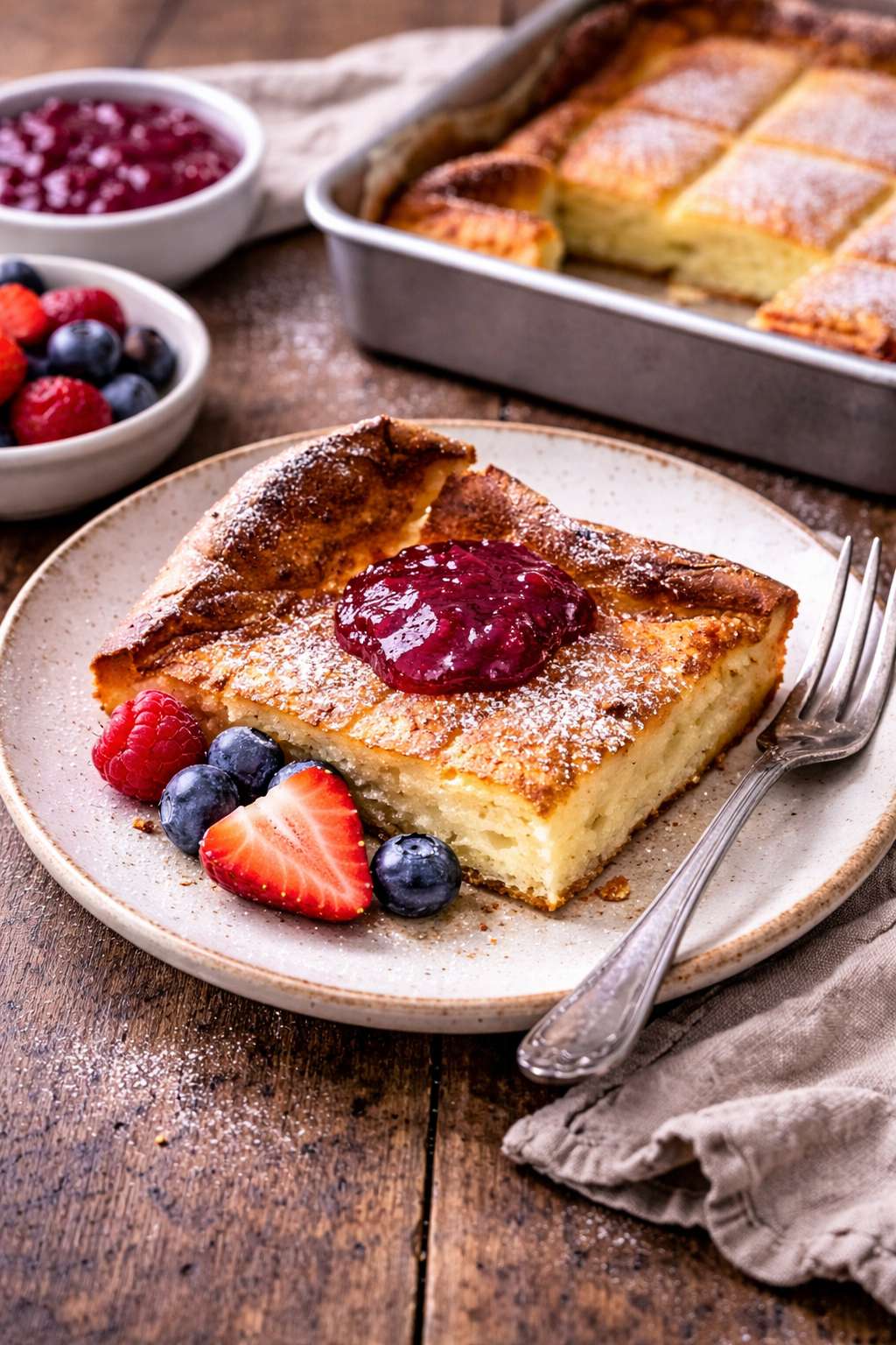 Golden Finnish oven pancake (pannukakku) baked in a square tray, sliced and served with jam and berries on a rustic wooden table