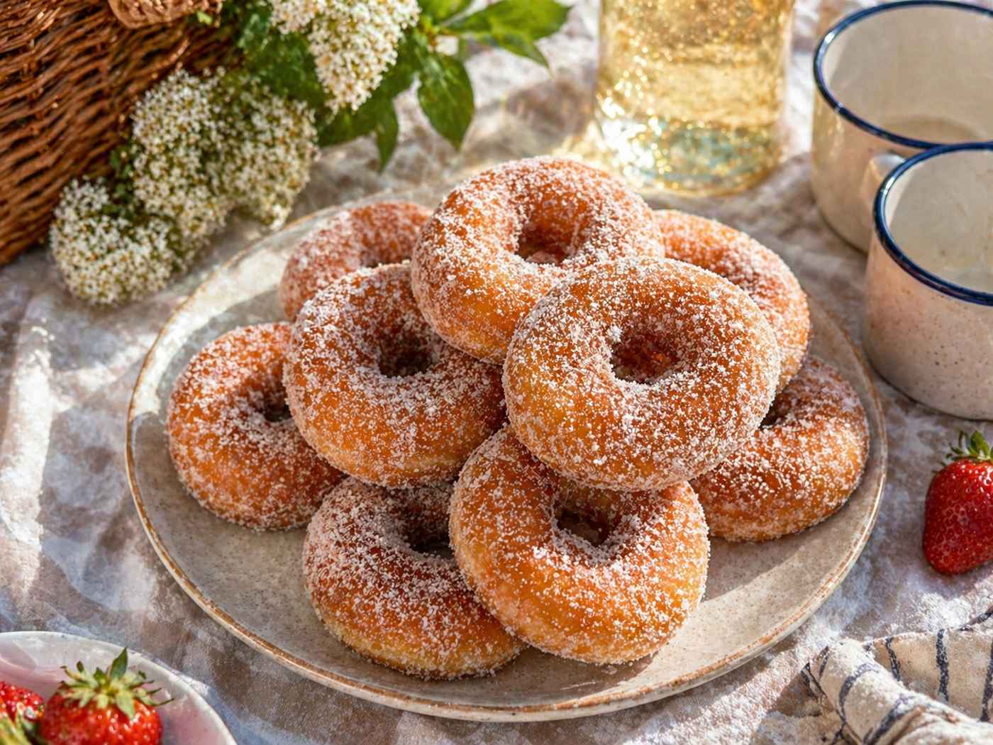 Traditional Finnish Vappu munkki ring donuts coated in granulated sugar served on picnic plate with sima in background