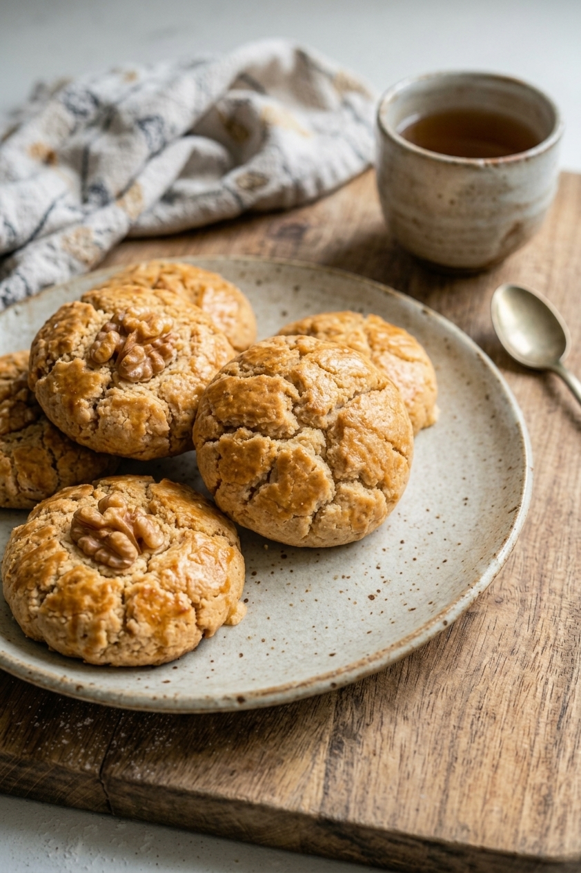 Golden hup toh soh biscuits on a ceramic plate, with a cup of tea behind them.