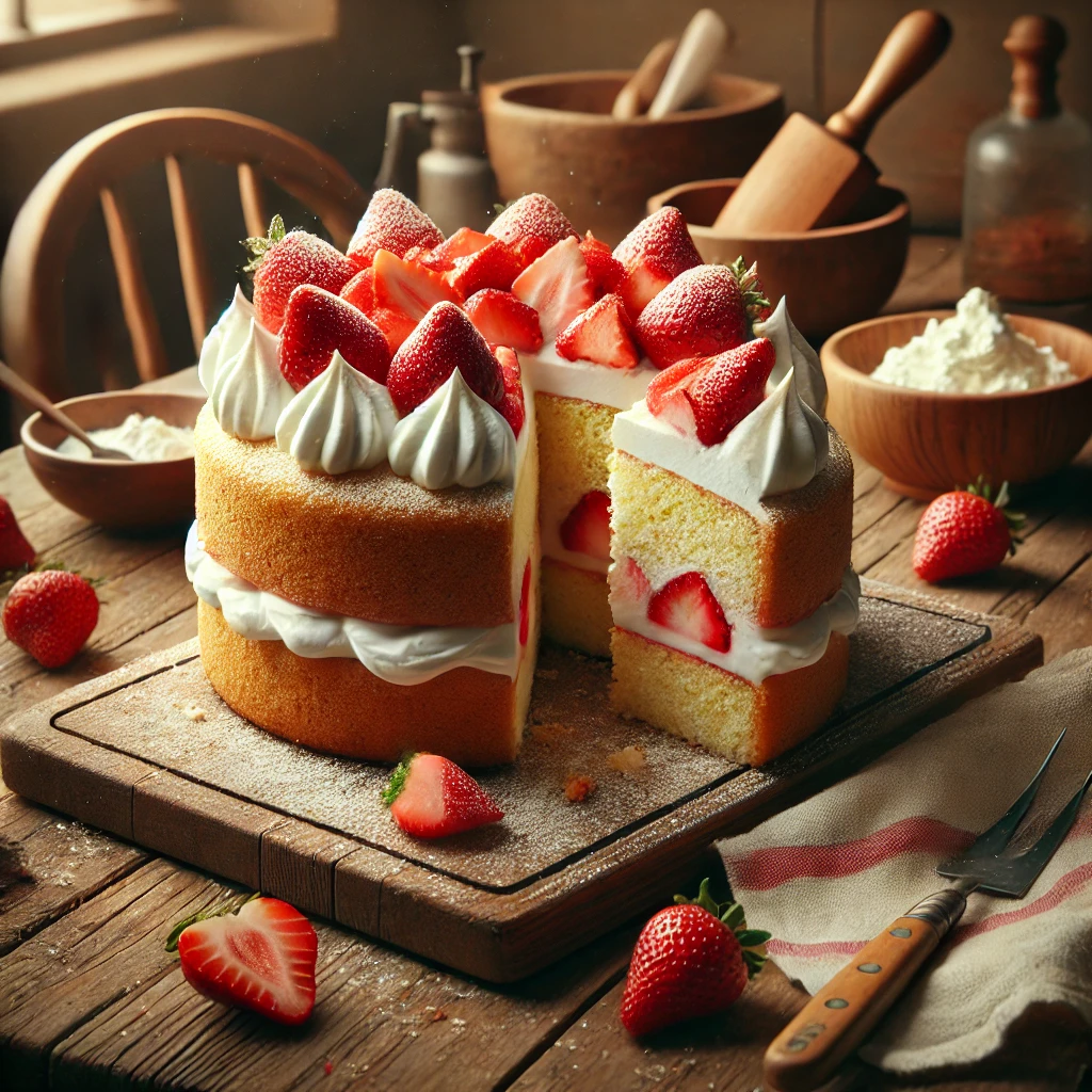 Strawberry shortcake with whipped cream, fresh strawberries, and sponge layers on a wooden table.