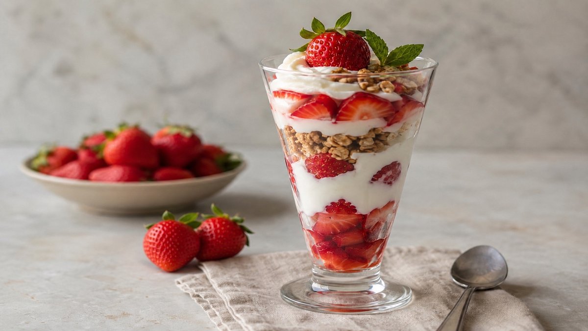 Strawberry parfait with cream, granola and fresh strawberries in a glass.