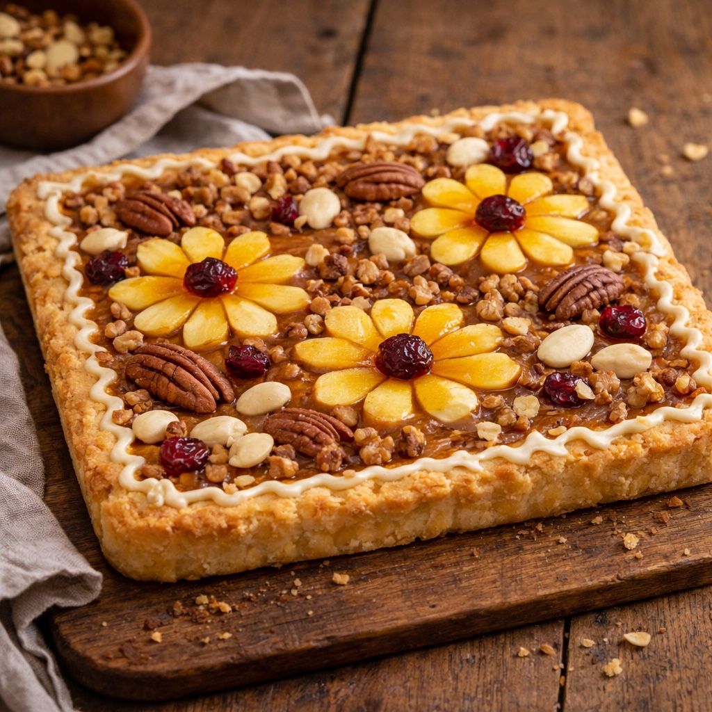 polish mazurek tart with caramel nuts and fruit topping