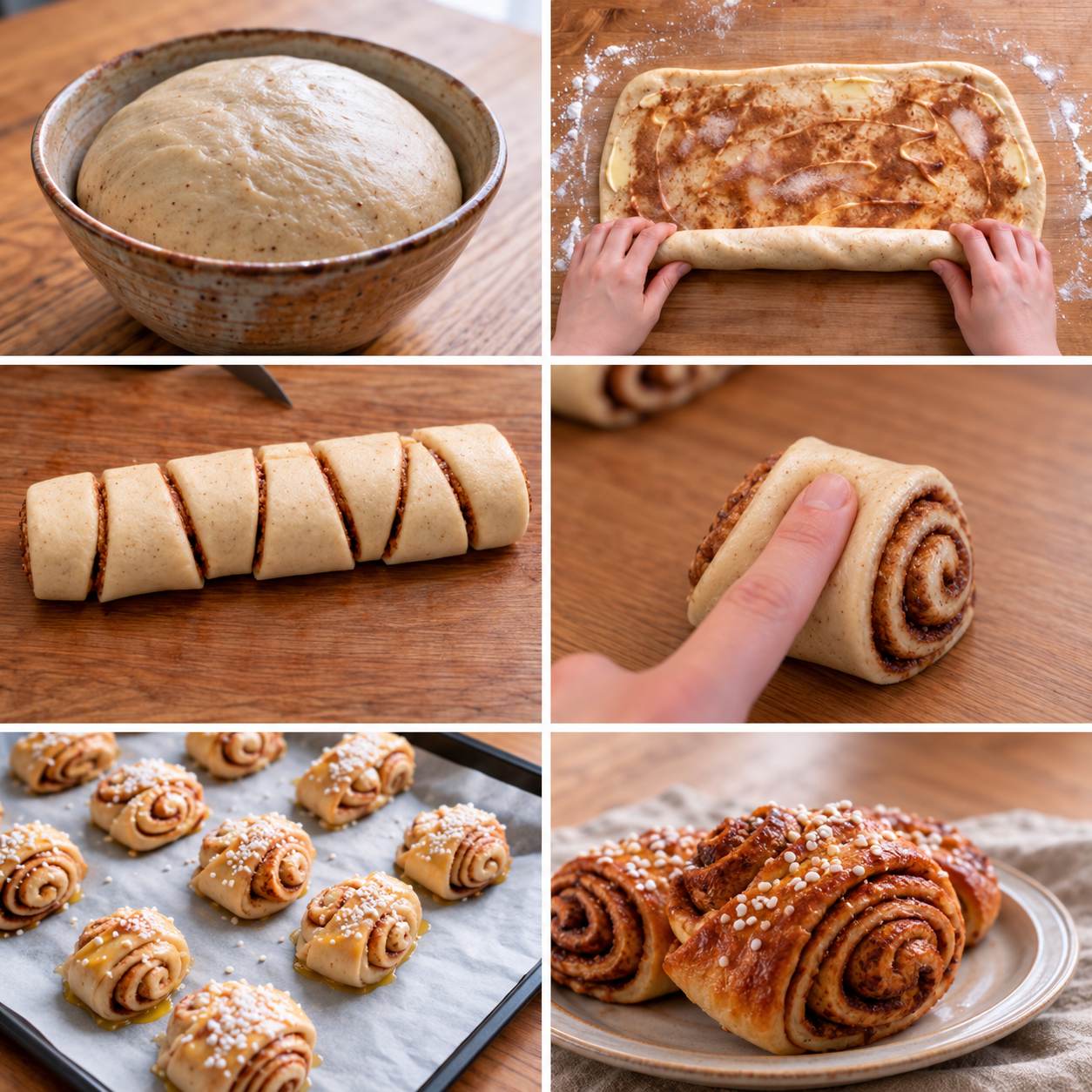 Step-by-step images showing korvapuusti dough rolled with cinnamon filling, cut and pressed into shape, then topped with pearl sugar and baked.