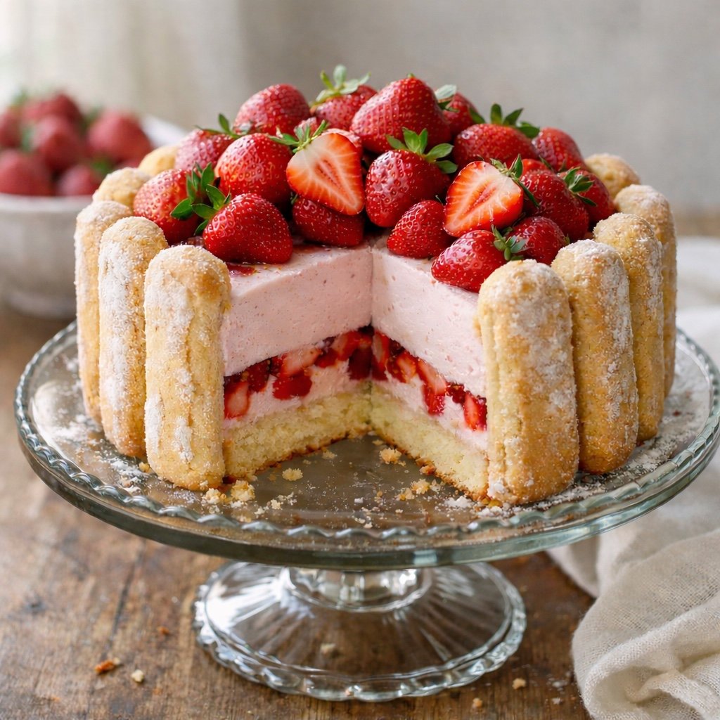 Strawberry Charlotte Russe cake with ladyfingers, Bavarian cream, sponge base and fresh strawberries on glass stand