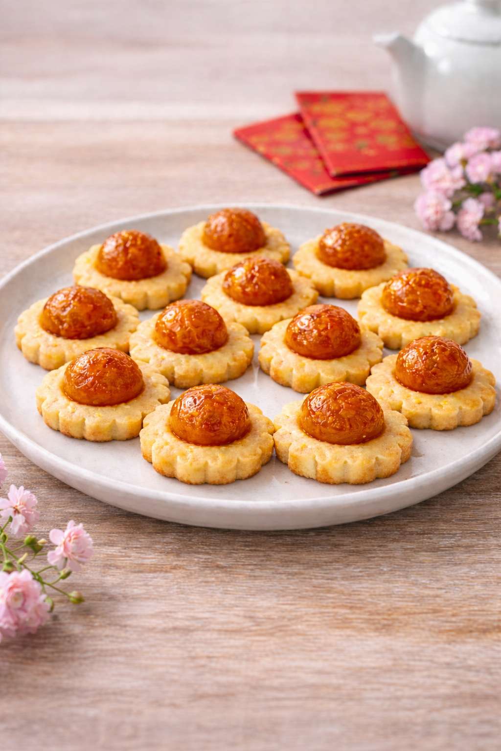 A plate of rustic open-faced pineapple tarts with golden jam centres, styled with red packets in the background—symbolising luck and tradition for Lunar New Year.