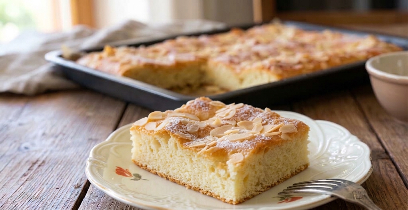 Slices of homemade Butterkuchen with a golden flaked-almond and sugar topping.