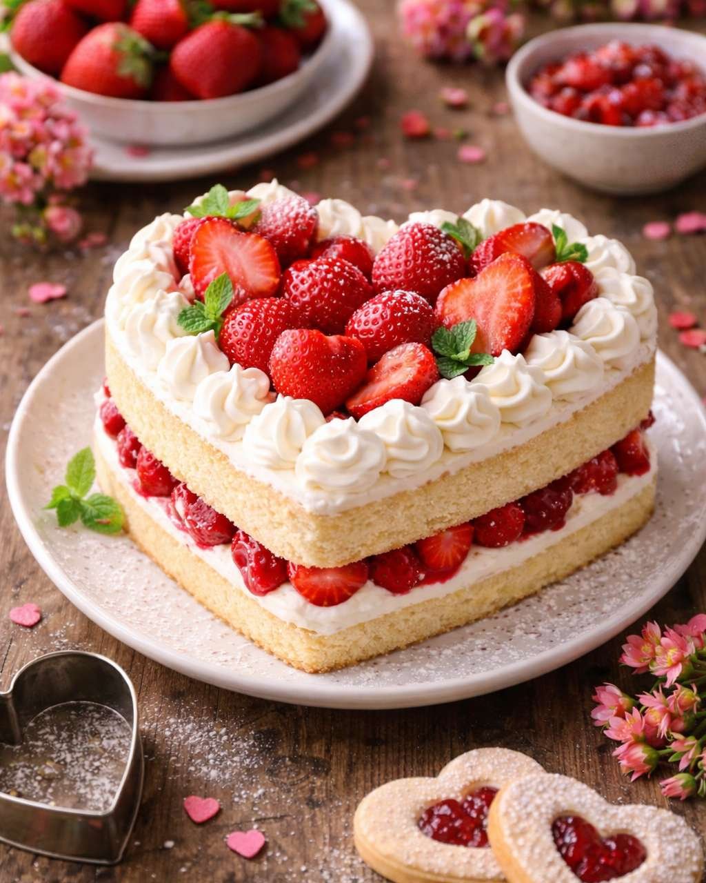 Heart-shaped strawberry shortcake with cream and berries