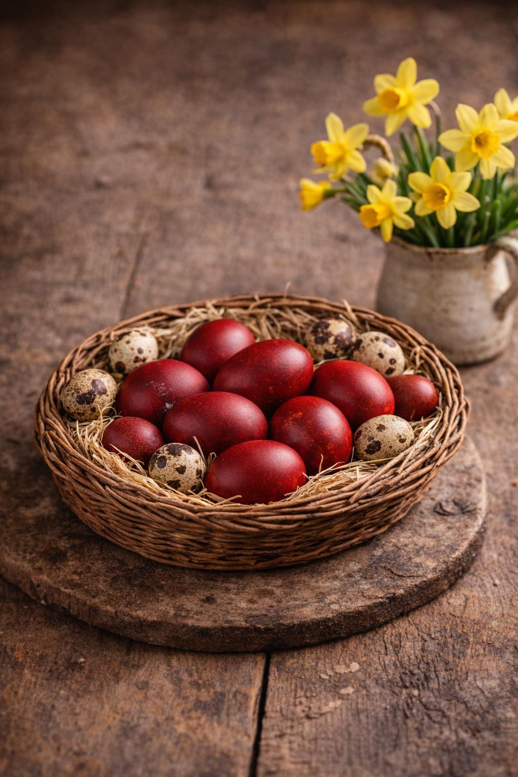 Red Easter eggs in rustic basket, traditional Easter symbol