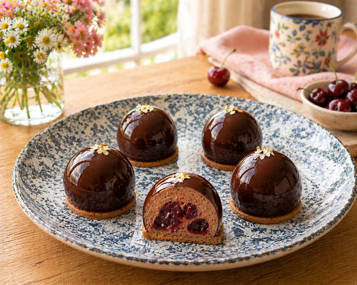 Black Forest mini entremets with chocolate mirror glaze, chocolate mousse, Griottines cherries and hazelnut feuilletine base