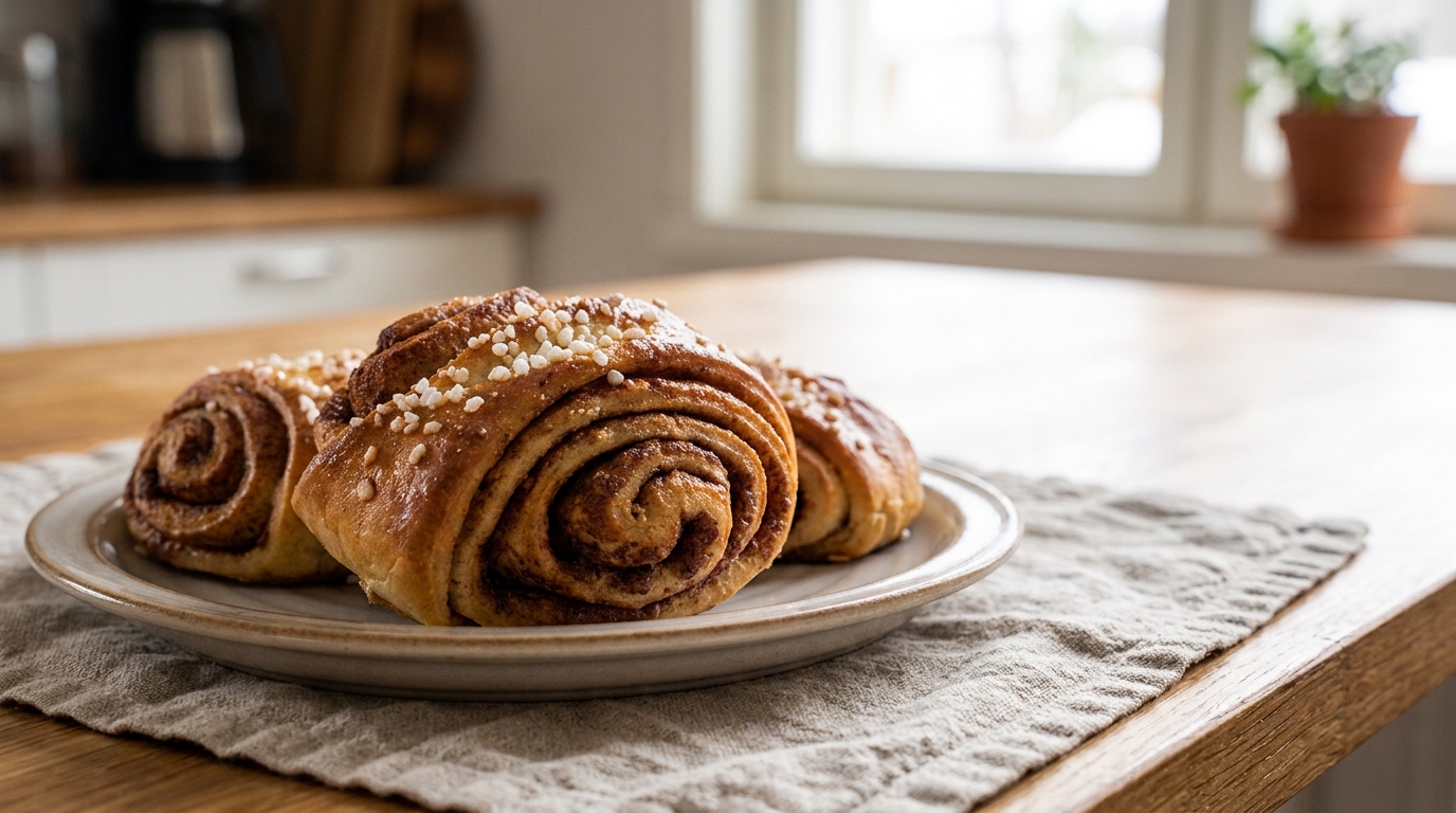 Homemade Finnish korvapuusti cinnamon buns filled with cinnamon and topped with pearl sugar.