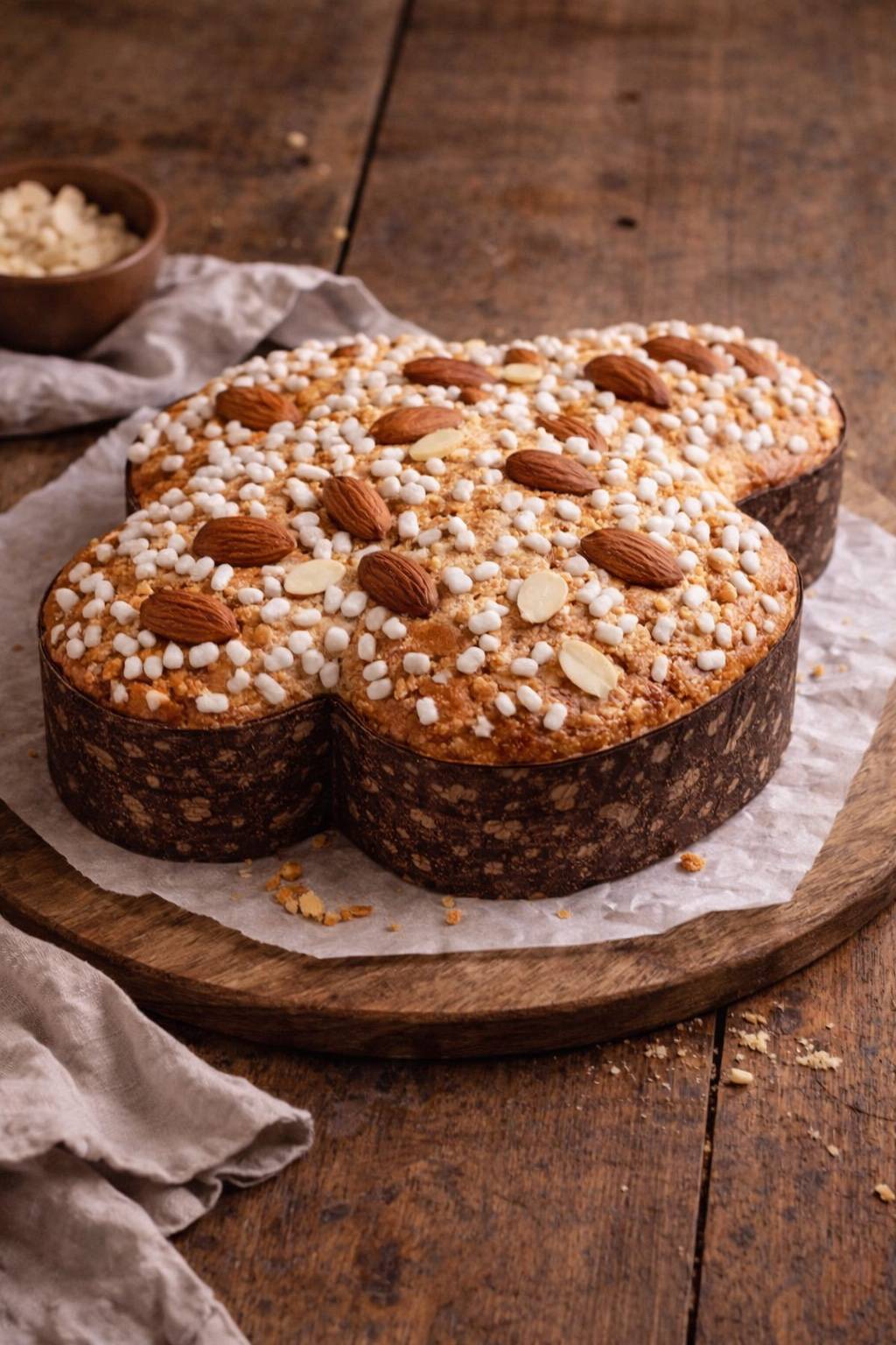 colomba pasquale with almond topping and pearl sugar
