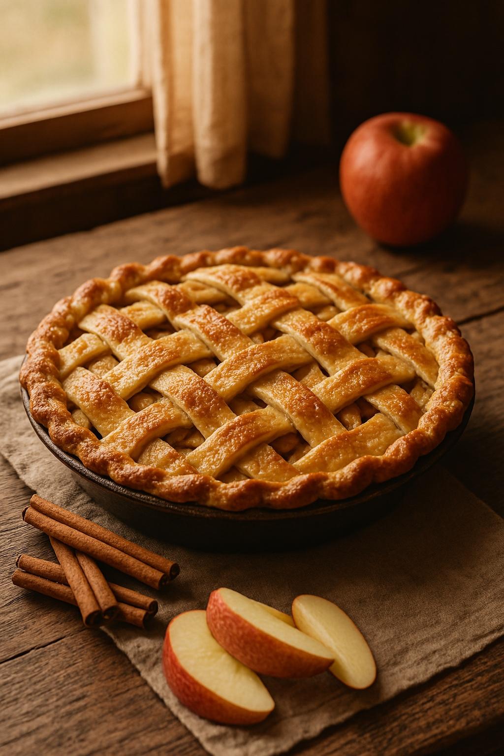 Classic American apple pie with lattice crust and cinnamon apple filling