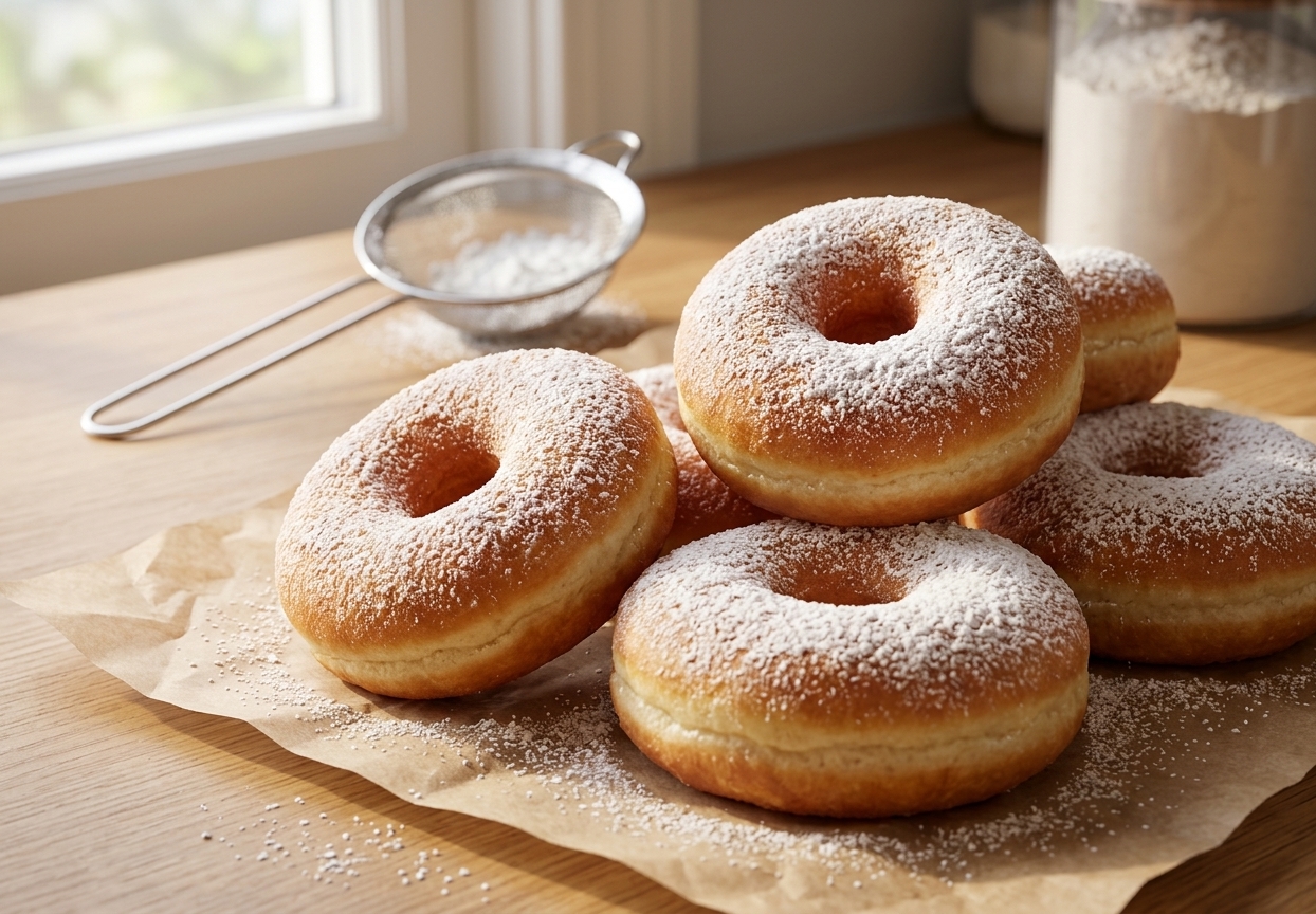 Homemade ring doughnuts dusted with icing sugar on baking paper in a bright kitchen.
