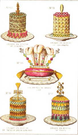 Historical colour illustration of five ornate confectionery centrepieces, including croque-en-bouche designs labelled filberts and chestnuts.