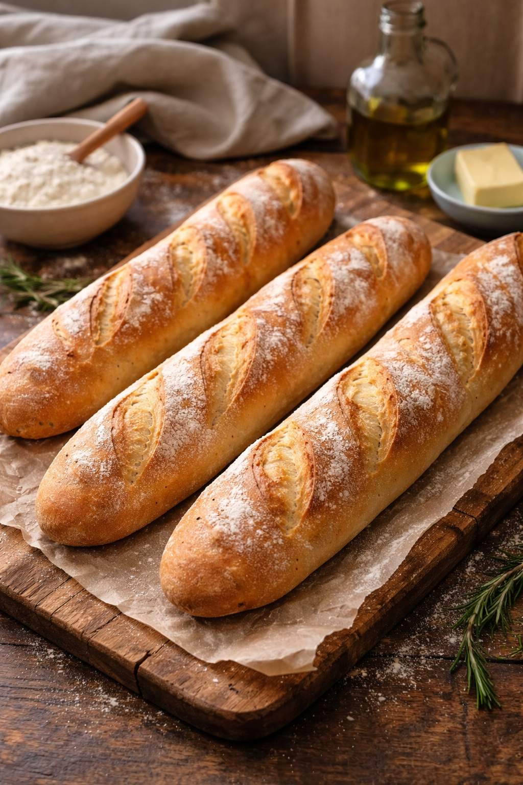 Traditional French baguettes with golden crust on rustic board, representing France’s iconic everyday bread.