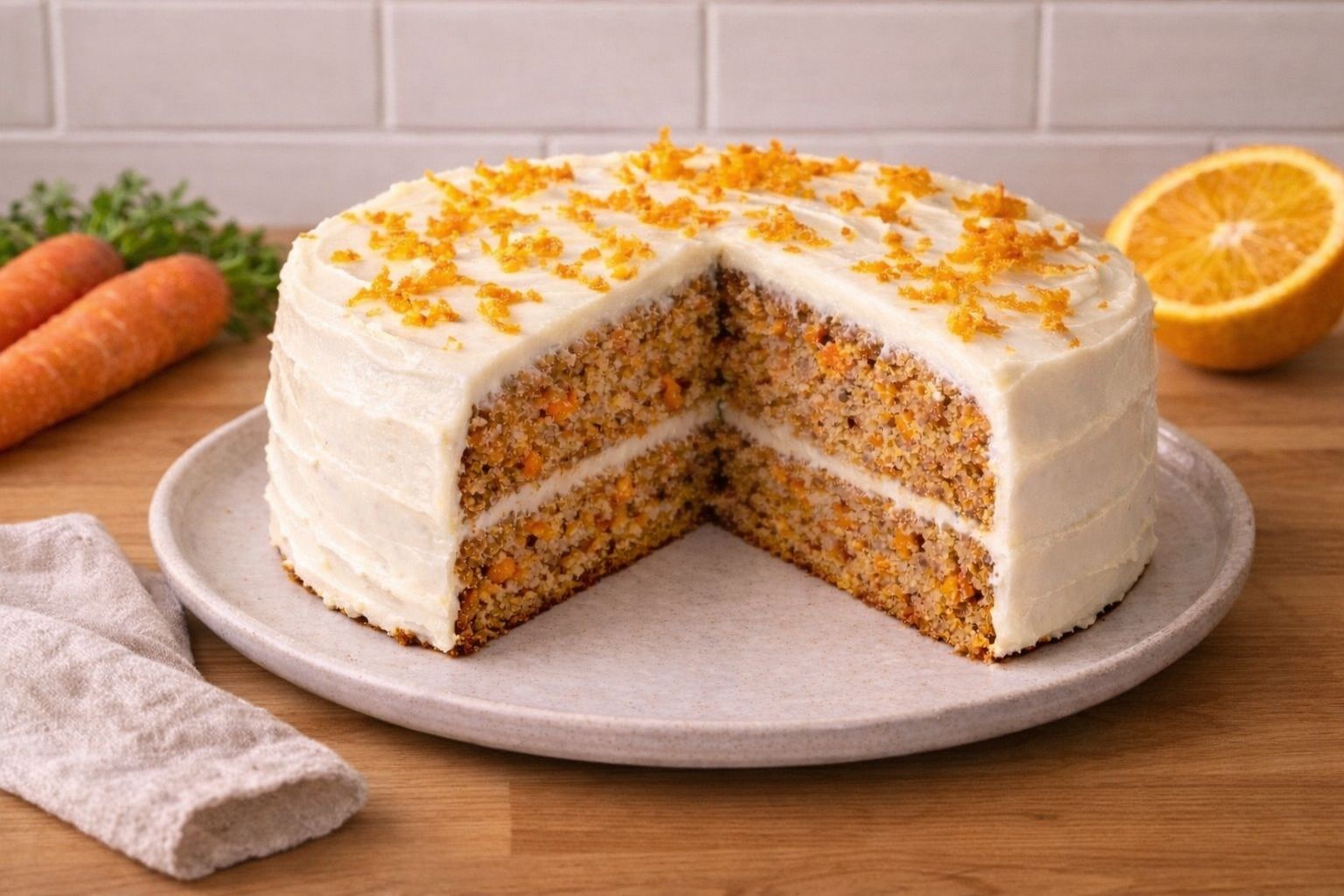 Carrot cake with cream cheese frosting and orange zest on wooden countertop