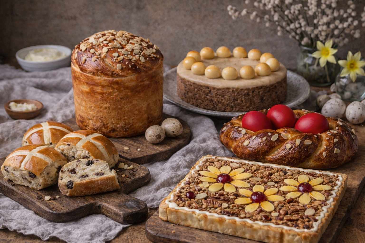 Easter bakes around the world with hot cross buns, simnel cake, tsoureki and mazurek