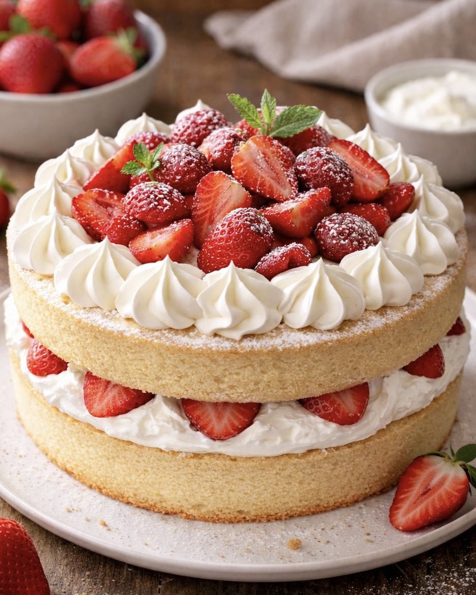 Japanese strawberry shortcake with cream and fresh strawberries