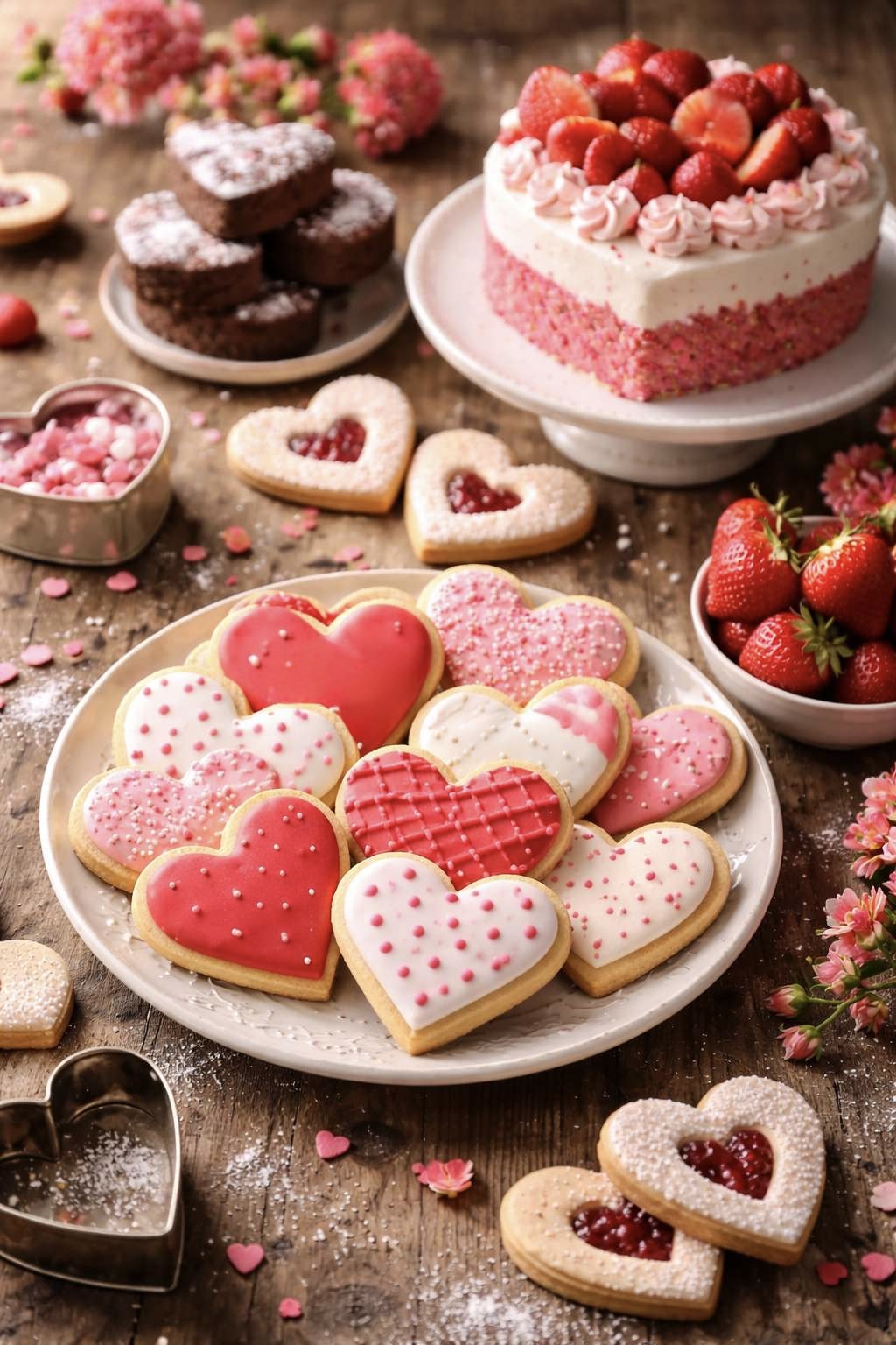 Heart-shaped Valentine’s biscuits decorated with pink, red, and white icing, surrounded by strawberries, a heart-shaped cake, and romantic baking decorations